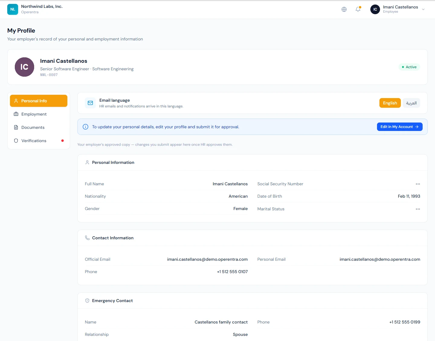 My Profile showing the employer's approved record